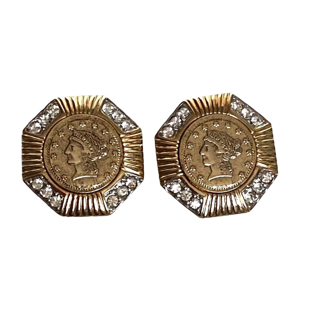 Vintage‎ Gold Tone Coin Clip On Earrings Rhinestone Accent Octagon Statement
